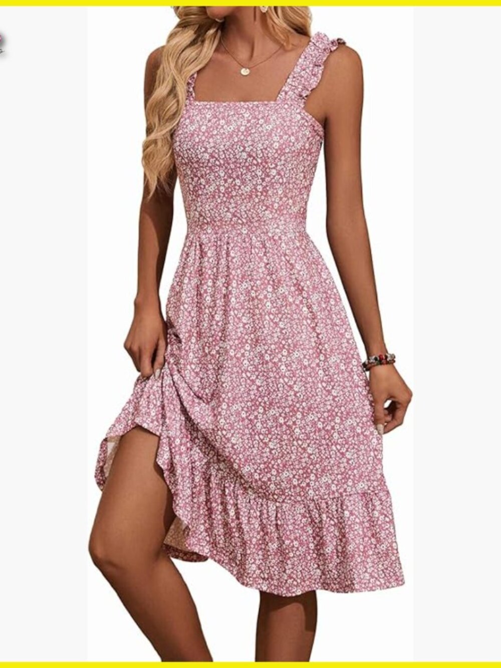 Floral Midi Dress Square Neck Elastic Straps A-Line Sundress Chic Summer